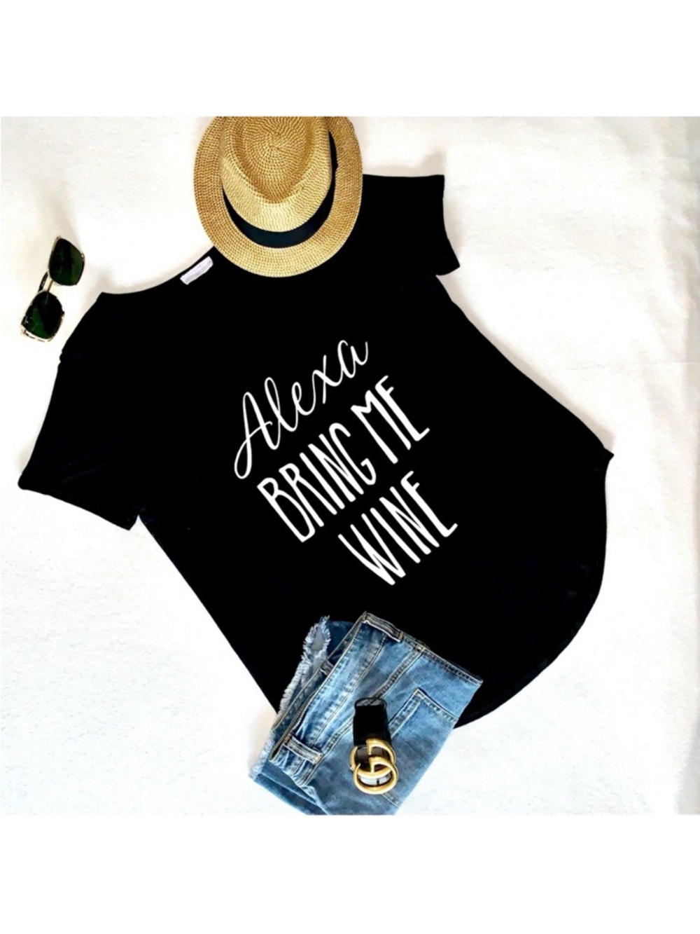 “Alexa Bring Me Wine” Black V-Neck Tee, Short Sleeve, Size XL, GUC